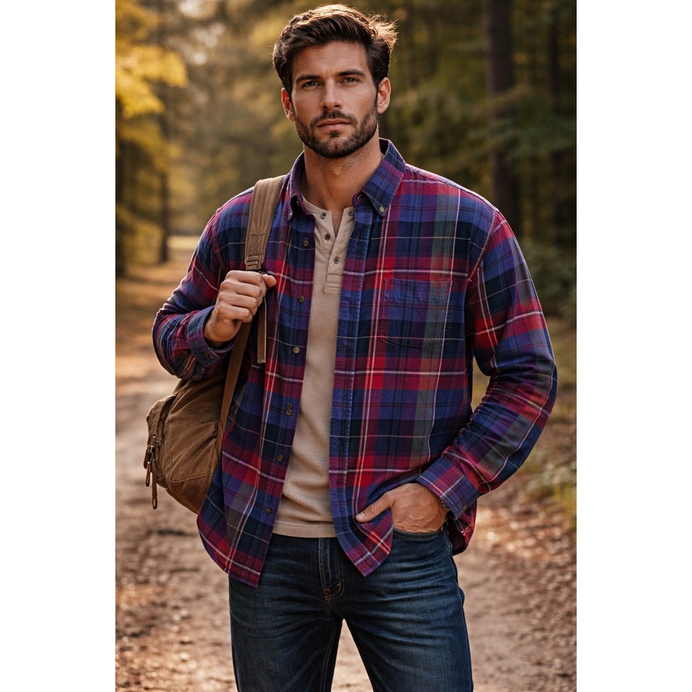 Allen Wickfield Mens XL Flannel Shirt Blue Plaid Long Sleeve Button Down Cotton